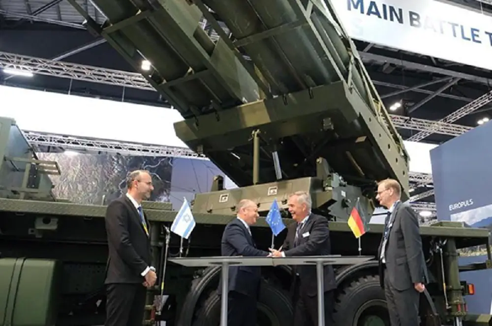 KNDS (KMW+NEXTER Defense Systems) and Elbit Systems sign teaming agreement for EuroPULS rocket artillery systems at DSEI 2023.