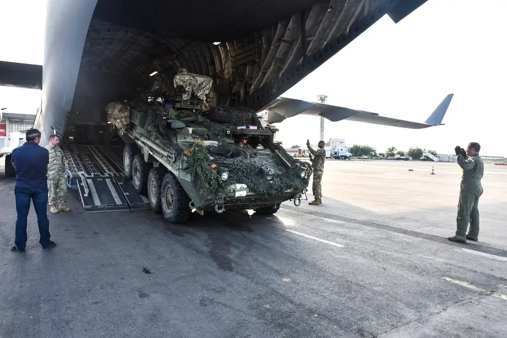Two U.S. Army Strykers from the 2nd Cavalry Regiment were transported and downloaded from a Strategic Airlift Capability (SAC) Heavy Airlift Wing C-17 Globemaster III at the international airport in Tbilisi, Georgia
