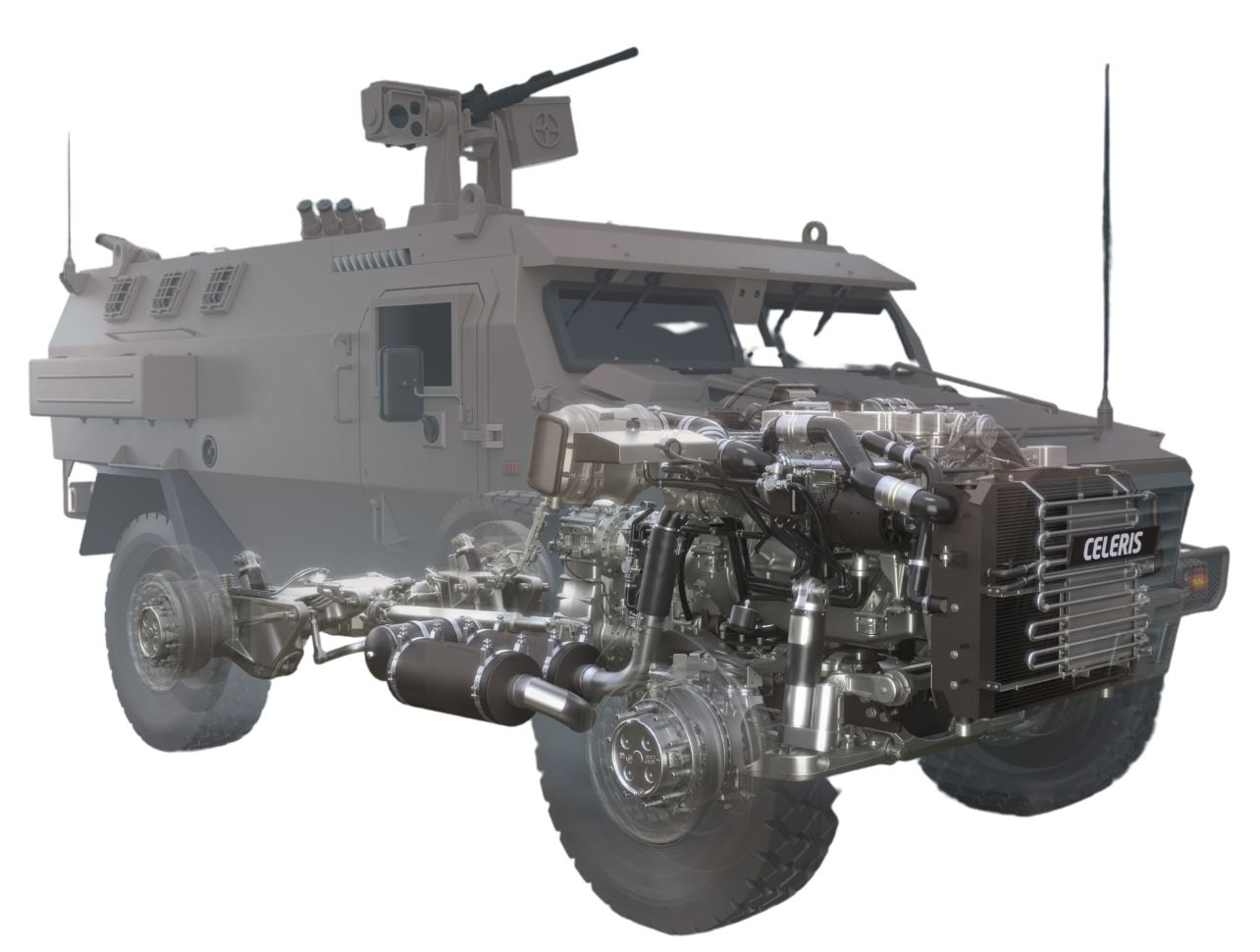 The Celeris 4×4 chassis features 12 base kits including axle, powerpack, transmission, transfer case, steering system, and 30 optional kits depending on the configuration of the vehicle.