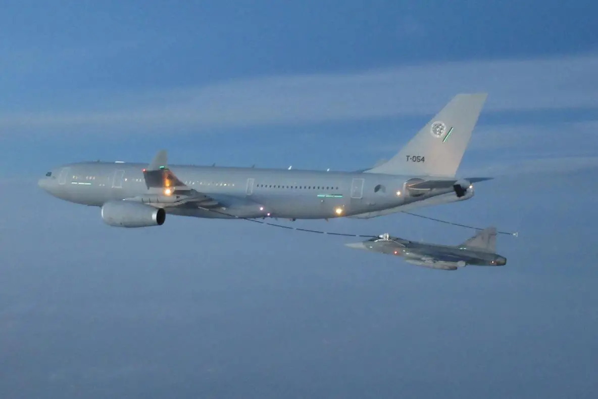 On February 13, 2024, for the first time, Czech JAS-39 Gripen fighjtes conducted dry-refuelling training with an Airbus A-330 MRTT plane Photo by the Czech Air Force.