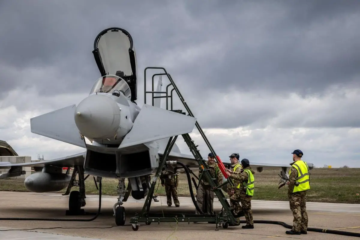 Ground crew receiving a Royal Air Force Typhoon at Mihail Kogalniceanu Air Base,  Romania. NATO's enhanced Air Policing in the south was introduced in 2014 to reassure Allied popultions along the eastern flank after Russia's unlawful annexation of Ukraine.