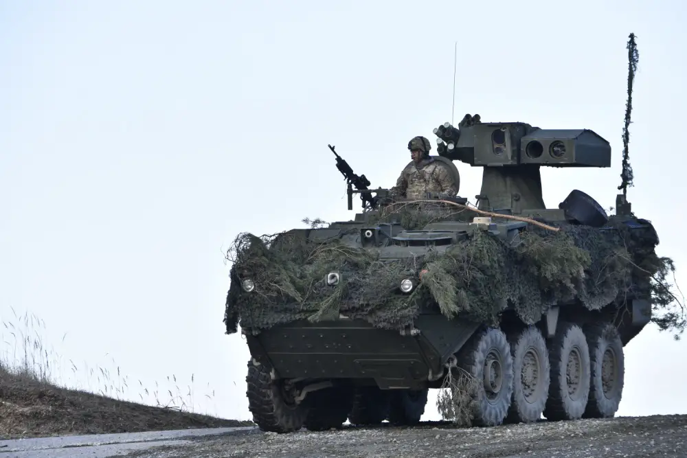 Troopers assigned to Reaper Troop, 4th Squadron, 2nd Cavalry Regiment, drive their M1134 Anti-Tank Guided Missile Vehicle to it's firing position during the squadron's live-fire exercise at the Grafenwoehr Training Area, located near Rose Barracks, Germany.
