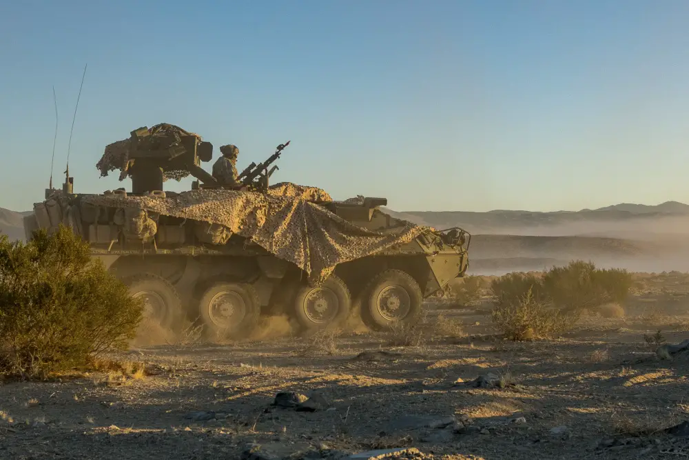 A M1134 Anti-Tank Guided Missile Vehicle, assigned to the 4th Squadron, 3rd Cavalry Regiment, accelerates to attack during Decisive Action Rotation 20-02 at the National Training Center on Fort Irwin, California.