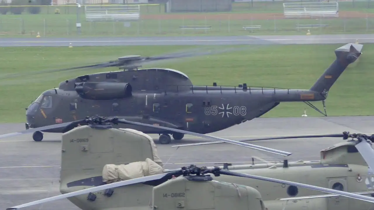 German Air Force CH-53 Helicopter Takes Off From Katterbach Army Airfield, Ansbach Germany
