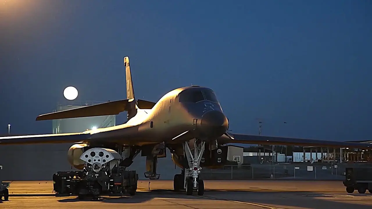 B-1 Bombers Nighttime Ordnance Load And Takeoff
