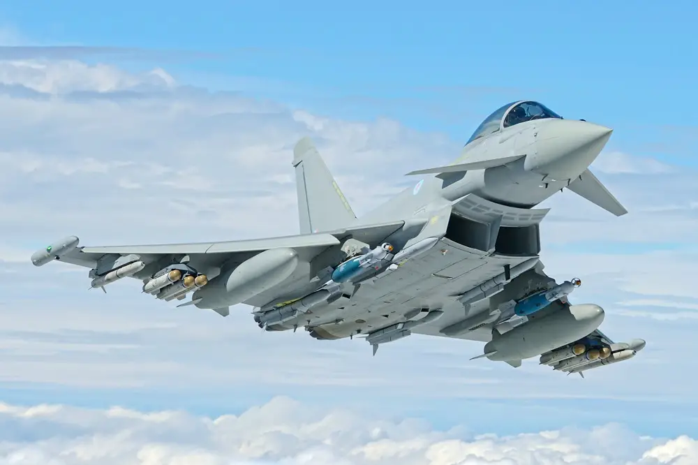 British Quick Reaction Alert Typhoon fighter flies with Meteor BVRAAM air-to-air missiles for first time