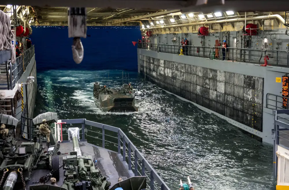  A Japanese amphibious assault vehicle enters the well deck of the amphibious transport dock ship USS Somerset (LPD 25) during Exercise Iron Fist 2019. (U.S. Navy photo by Mass Communication Specialist 2nd Class Devin M. Langer)