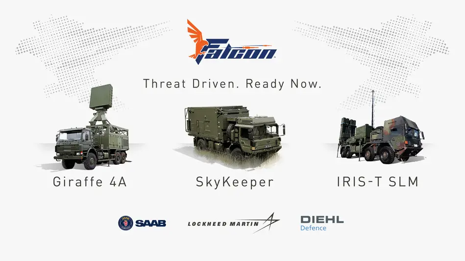 The Falcon Weapon System comprises the Saab Giraffe 4A multifunction radar, the Lockheed Martin SkyKeeper battle management system, and the Diehl Defence IRIS-T-SLM effector and launcher.