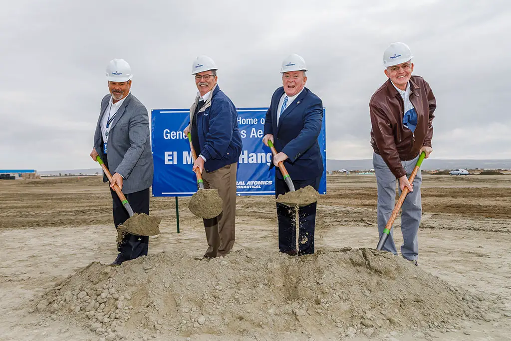 General Atomics Aeronautical Systems, Inc. (GA-ASI) held a groundbreaking ceremony on March 20th for its new hangar in El Mirage. Pictured from left to right: GA-ASI Vice President of Facilities Dennis Garegnani, GA-ASI President Dave Alexander, San Bernardino County First District Supervisor Robert A. Lovingood, and GA-ASI Vice President of Flight Operations Gary Bender.