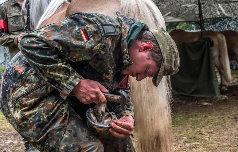 Blacksmith from the German Mountain Infantry Brigade puts new shoe on horse while on exercise Mountain Lion in the Alps. 