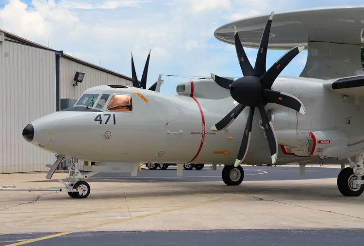 Japan's First E-2D prepares to take flight at the Northrop Grumman Aircraft Integration Center of Excellence in St. Augustine, Florida.
