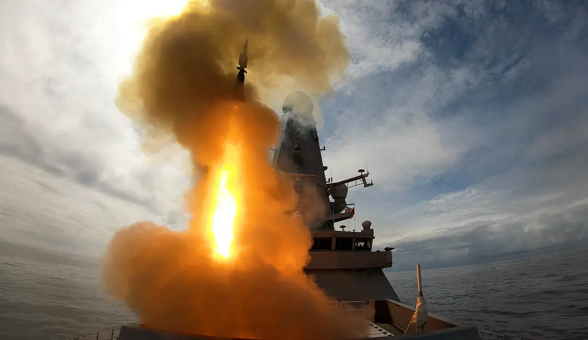 Royal Navy HMS Defender Type 45 Destroyer missile firing 