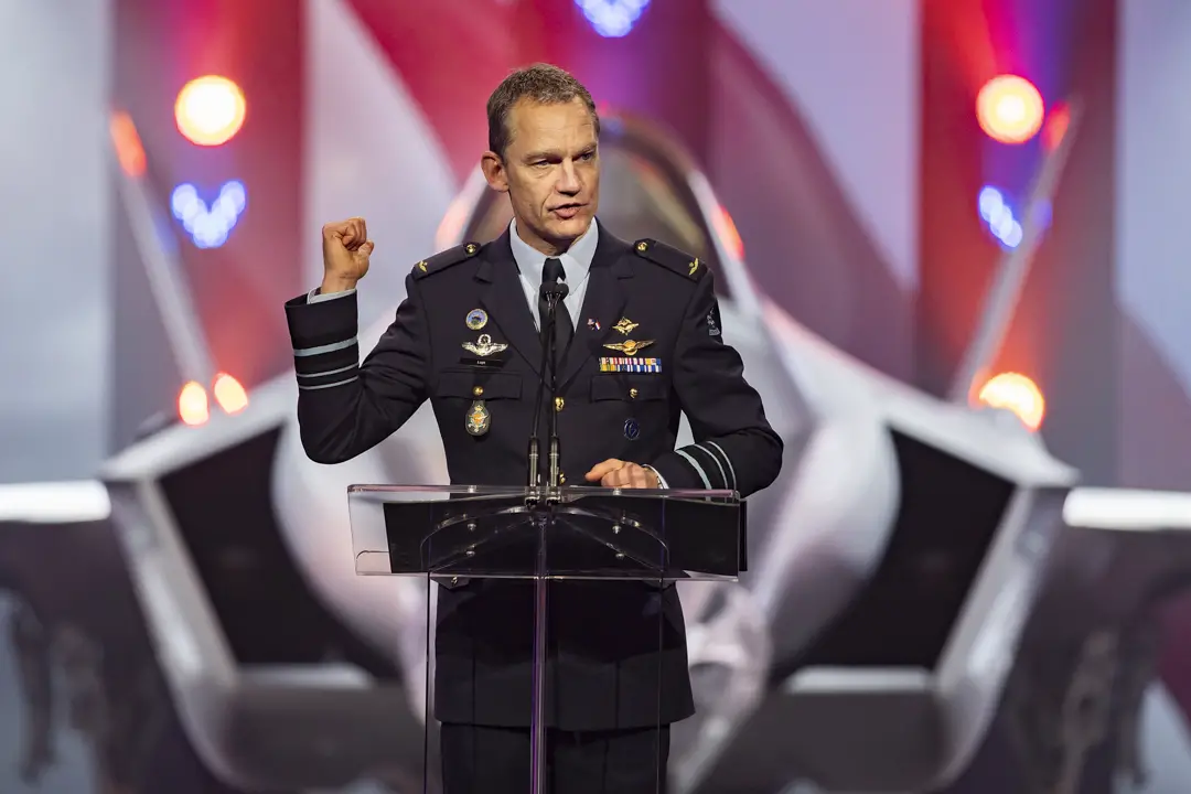 Lt. Gen. Luyt, Royal Netherlands Air Force Commander, addresses the crowd at the ceremony. During his remarks, he spoke about the jet's advanced capabilities, Netherlands industrial participation and the coalition efforts the F-35 enables. 