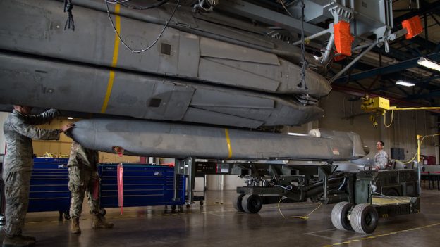 Airmen remove the final Conventional Air-Launched Cruise Missile (CALCM) from a B-52â€™s rotary launcher at Barksdale Air Force Base, La. The CALCM missile was first used in combat in 1991, during Operation Secret Squirrel.