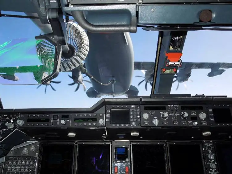 France's 16th A400M is the first to be fully capable in terms of dropping troops and equipment by parachute, and to be able to refuel other transport aircraft; earlier aircraft will be retrofitted accordingly. Flight deck displays have been blacked out. 