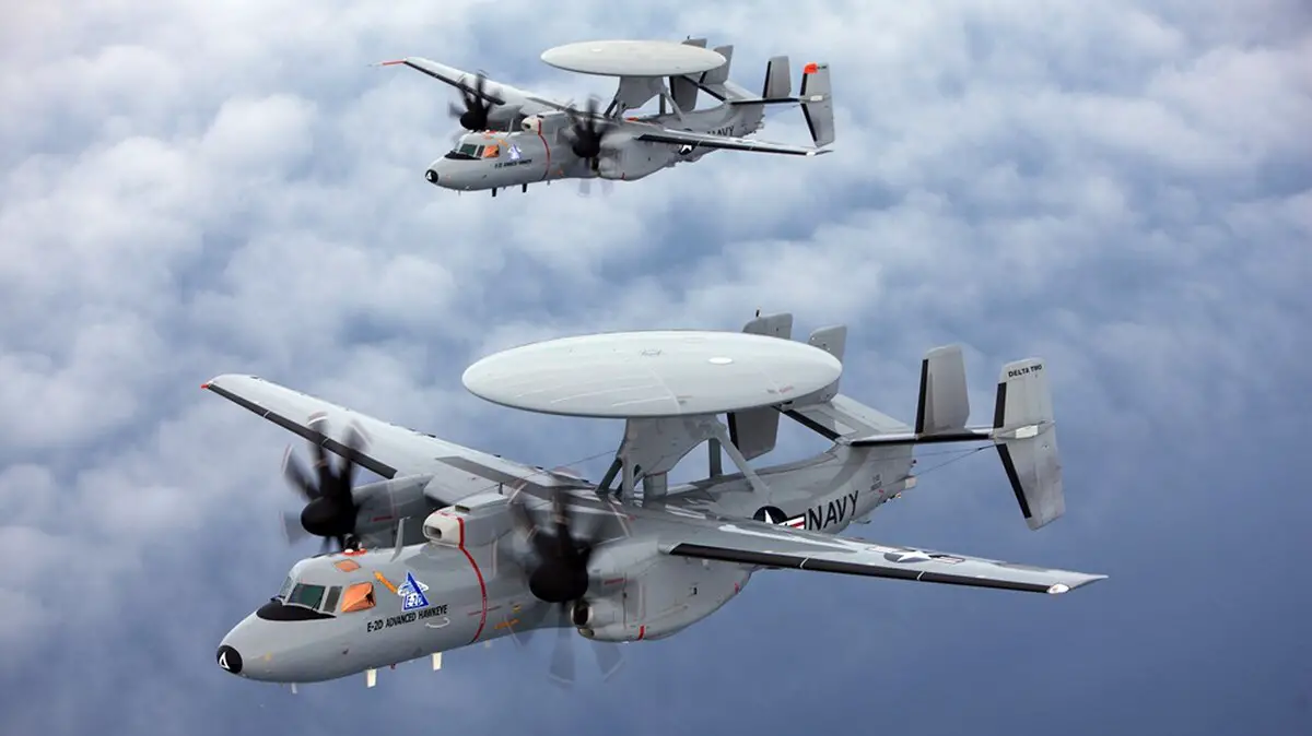 The E-2D Hawkeye is an early warning aircraft but also a node in an advanced airborne network that links U.S. Navy ships and aircraft together. The service is looking to build on its existing networks to create something that can link its assets with the Air Force and survive in a denied electronic warfare environment. (Courtesy of Rockwell Collins)