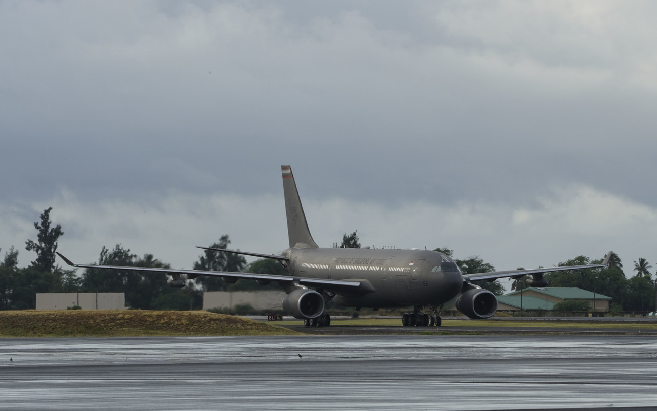 A Republic of Singapore air force A330-Multi-role Tanker Transport, lands at Joint Base Pearl Harbor-Hickam, Hawaii, Sept. 25, 2019. The RSAF airmen and women are headed to Mountain Home Air Force Base, Idaho for Singapore's Exercise FORGING SABRE, an integrated strike exercise, from 30 Sept. to 10 Oct.  (U.S. Air Force photo by Tech. Sgt. Heather Redman)