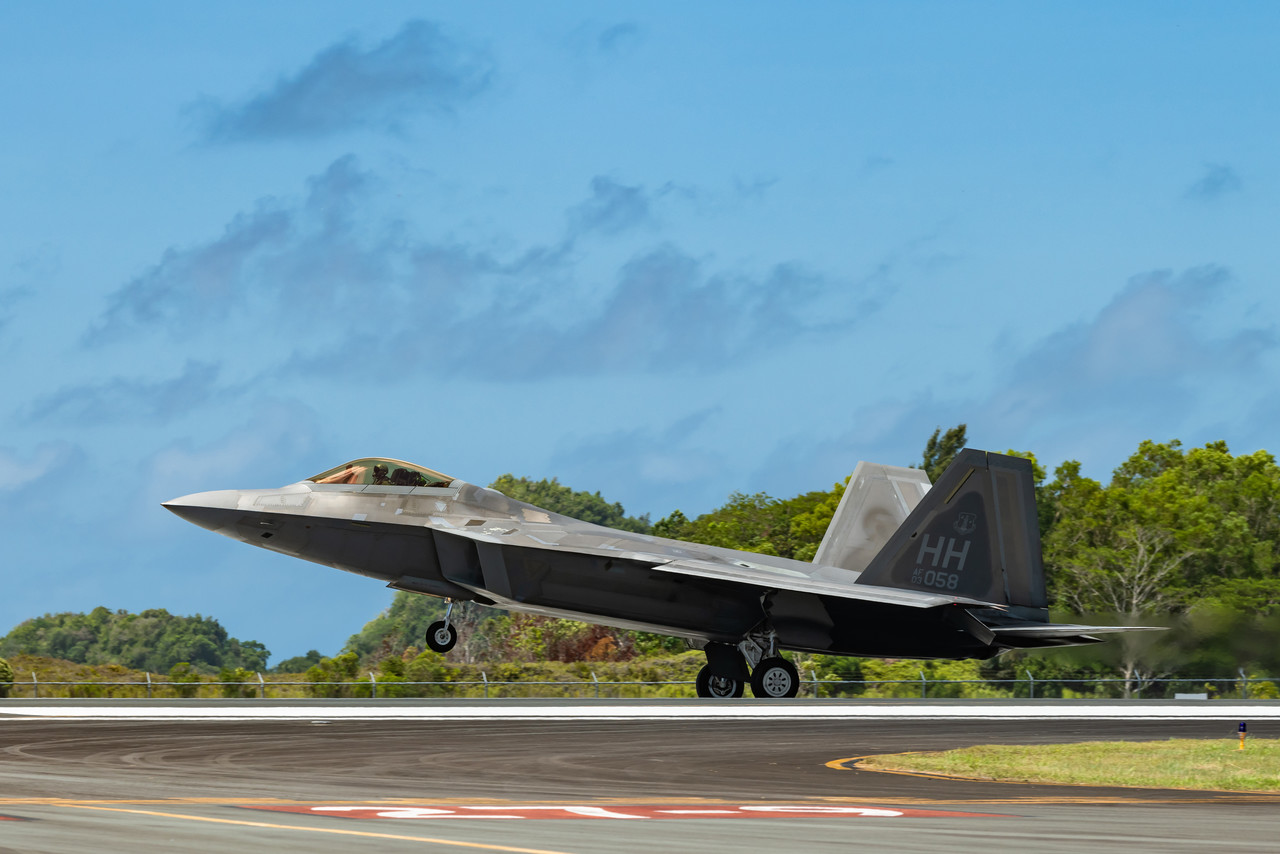 An F-22 Raptor from the 19th Fighter Squadron, Hickam Air Base, lands at the Palau International Airport April 25, 2019, during exercise Resilient Typhoon. The exercise was designed to increase Pacific Air Forces' ability to rapidly deploy and operate from airfields throughout the region. (U.S. Air Force photo by Airman 1st Class Matthew Seefeldt)