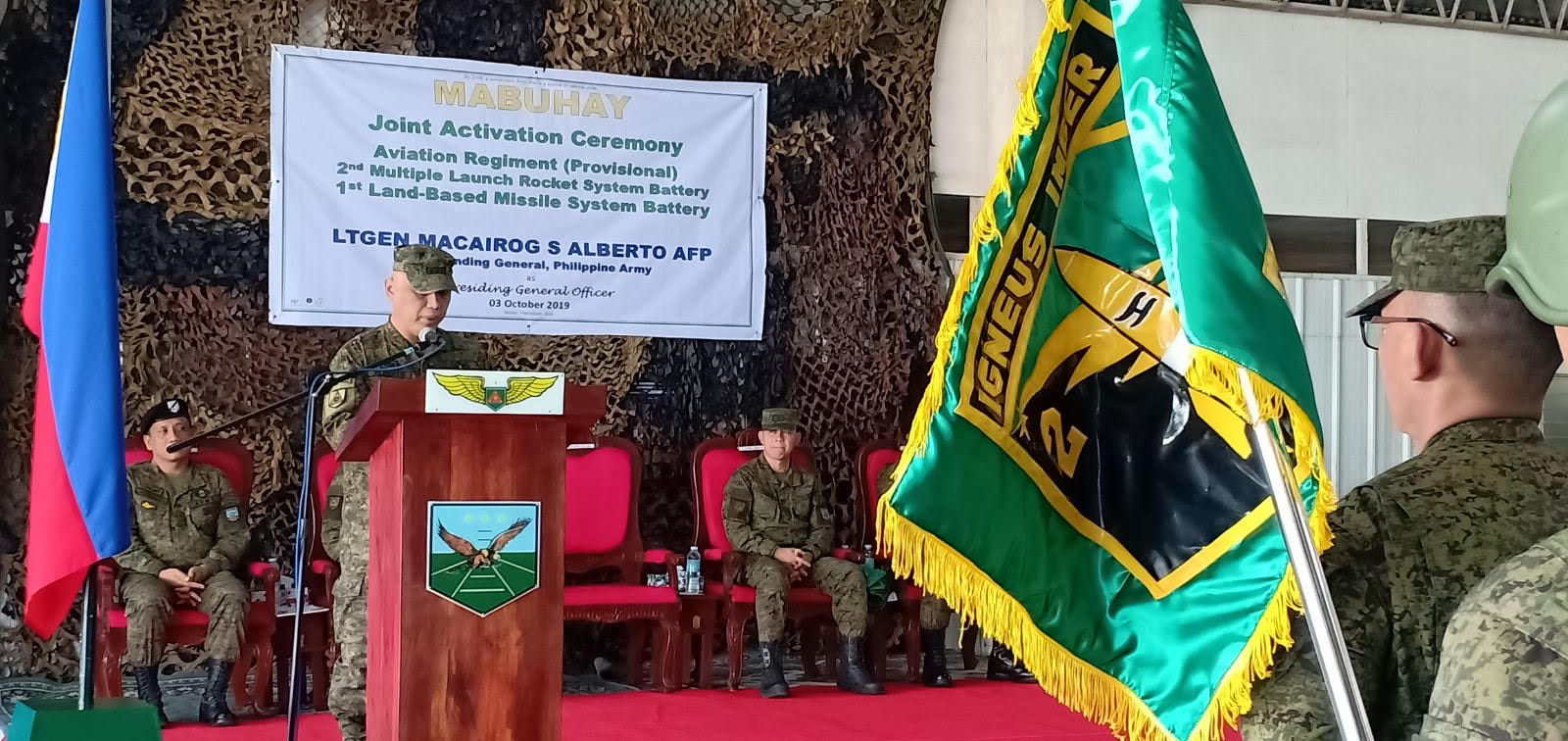 Philippine Army activates the 2nd Multiple Launch Rocket System Battery, along with Army Aviation Regiment and 1st Land-Based Missile System Battery 