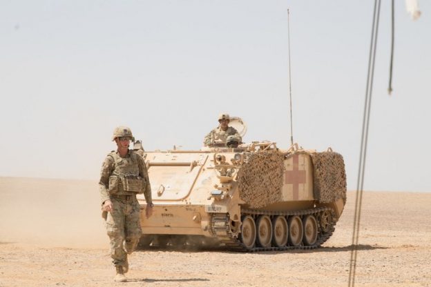 U.S. Army medics with the 68th Armor Regiment, 3rd Armored Brigade Combat Team, 4th Infantry Division maneuver an M113 Armored Personnel Carrier toward a Role 1 medical tent area in Amman, Jordan, Aug. 27, 2019, during Exercise Eager Lion 2019. (Picture source U.S. DoD)