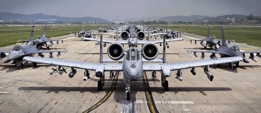 A-10 Thunderbolt II aircraft and F-16 Fighting Falcon aircraft at South Korea's Osan Air Base