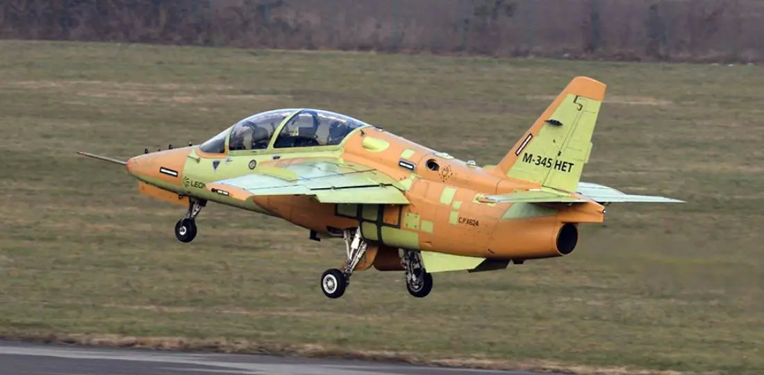 The first production Aermacchi M-345 HET returns to Venegono Superiore airport at Varese, Italy, after its successful first flight.