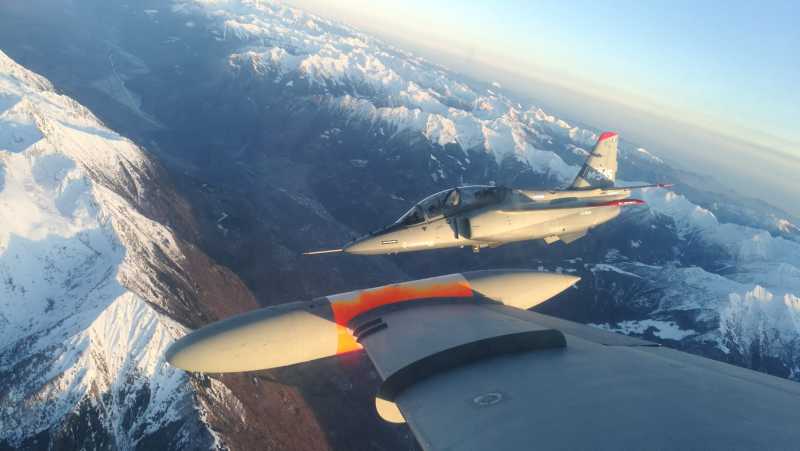 The Italian air force's new Leonardo (Aermacchi) T-345A jet trainer photographed from an MB-339 jet trainer that it is due to replace during the first evaluation flights by the air force's flight test unit. 