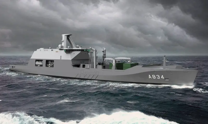 An artist's impression of the second combat support ship, Zr.Ms. Den Helder, which the Dutch Cabinet approved for construction on Dec. 19; her design will be based on that of the Dutch Joint Support Ship Zr.Ms. Karel Doorman.
