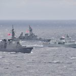 HMCS Ottawa conducts manoeuvres with Japanese Maritime Self-Defense Force ships Chokai and Shimakaze during exercise KAEDEX in October 2019.