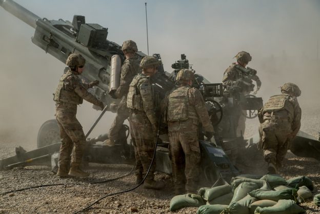 In support of the Iraqi Security Forces (ISF), U.S. Army soldiers assigned to the 2nd Battalion, 8th Field Artillery Regiment, 1st Brigade Combat Team, 25th Infantry Division, prepare to fire their M777 towed 155 mm Howitzer at Qayyarah West Airfield, Iraq, September 10, 2019. Soldiers conduct a fire mission to disrupt known enemy positions on Qanus Island, Iraq. As long as Daesh still poses a danger to the security of Iraq and northeast Syria, the Government of Iraq and ISF partners, supported by Combined Joint Task Force-Operation Inherent Resolve, will continue to strike and ensure the military defeat of Daesh. (U.S. Army photo by Spc. Kahlil Dash)