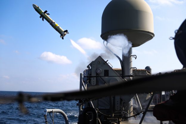 A Griffin missile is launched from the patrol coastal ship USS Whirlwind (PC 11) during a test of the MK-60 Griffin guided-missile system. The exercise demonstrated a proven capability for the ships to defend against small boat threats and ensure maritime security through key chokepoints in the U.S. Central Command area of responsibility.
