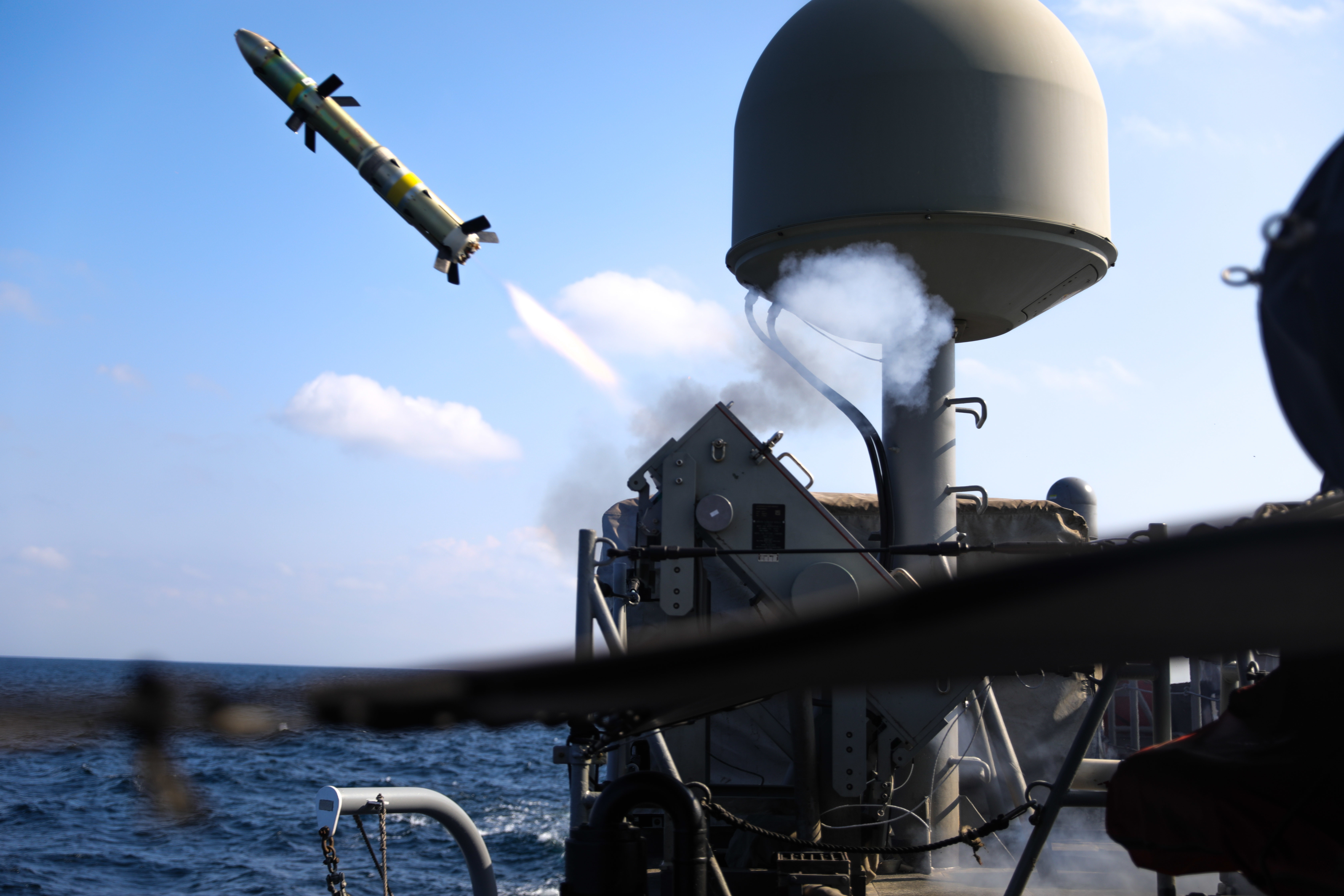 A Griffin missile is launched from the patrol coastal ship USS Whirlwind (PC 11) during a test of the MK-60 Griffin guided-missile system. The exercise demonstrated a proven capability for the ships to defend against small boat threats and ensure maritime security through key chokepoints in the U.S. Central Command area of responsibility. 