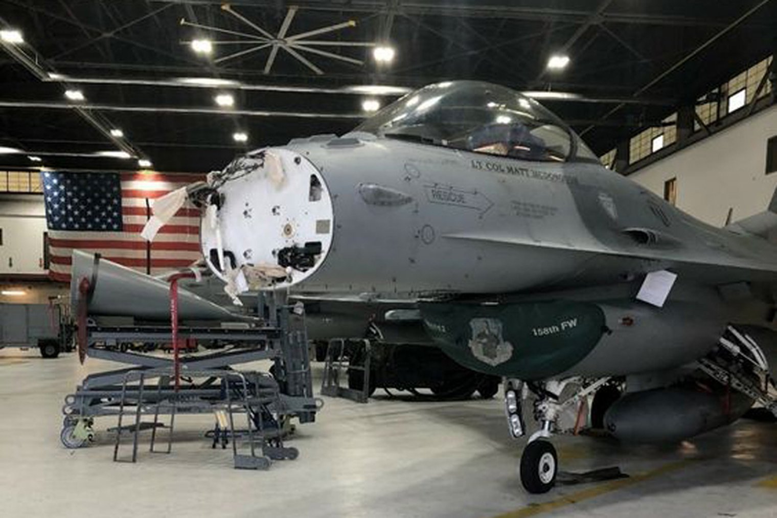 Northrop Grumman's APG-83 radar being installed in an Air National Guard F-16 at Joint Base Andrews, Maryland. 