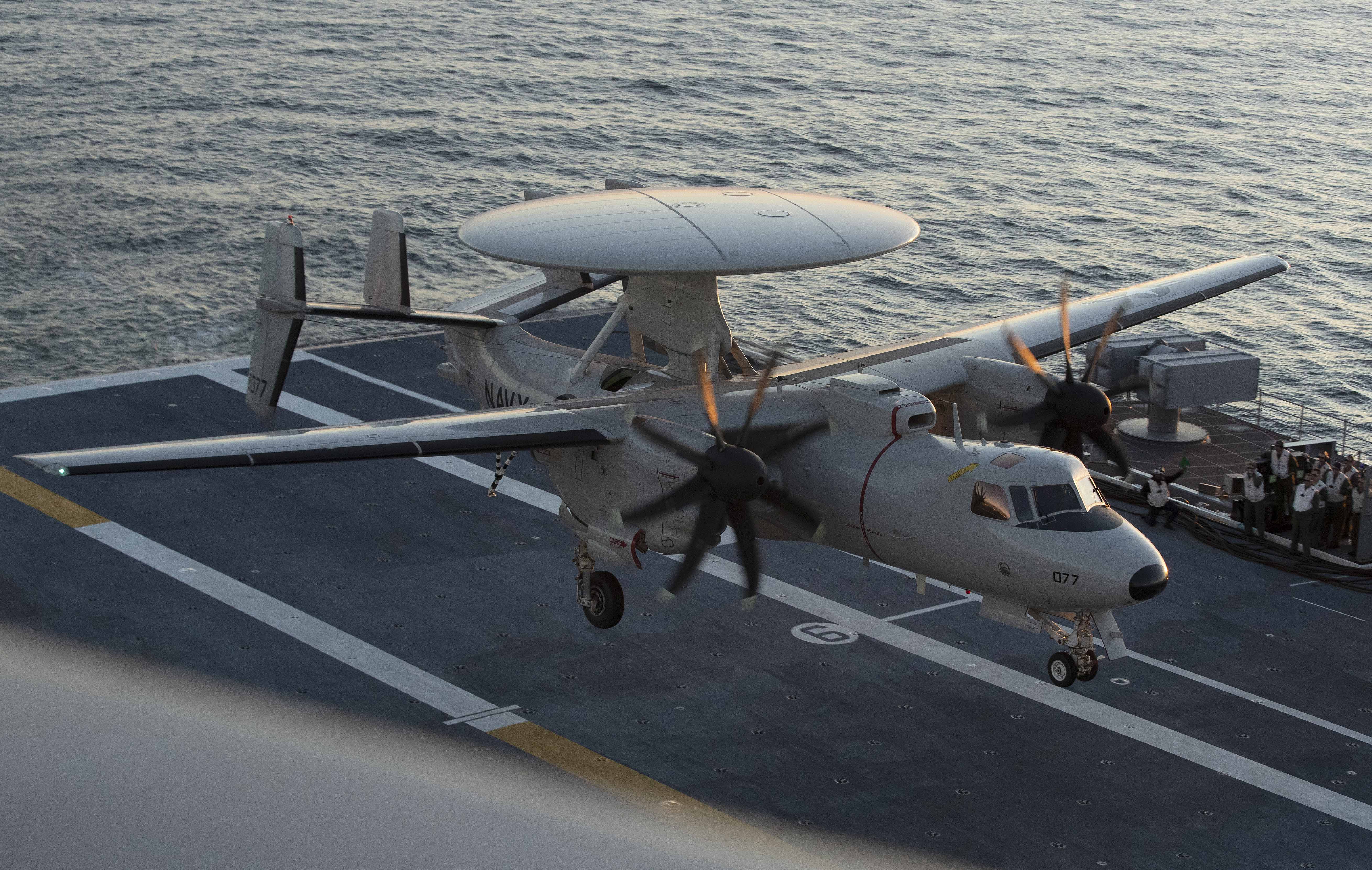 An E-2D Advanced Hawkeye assigned to Air Test and Evaluation Squadron (VX) 20 lands aboard the aircraft carrier USS Gerald R. Ford (CVN 78). Gerald R. Ford is currently conducting an independent steaming exercise. 