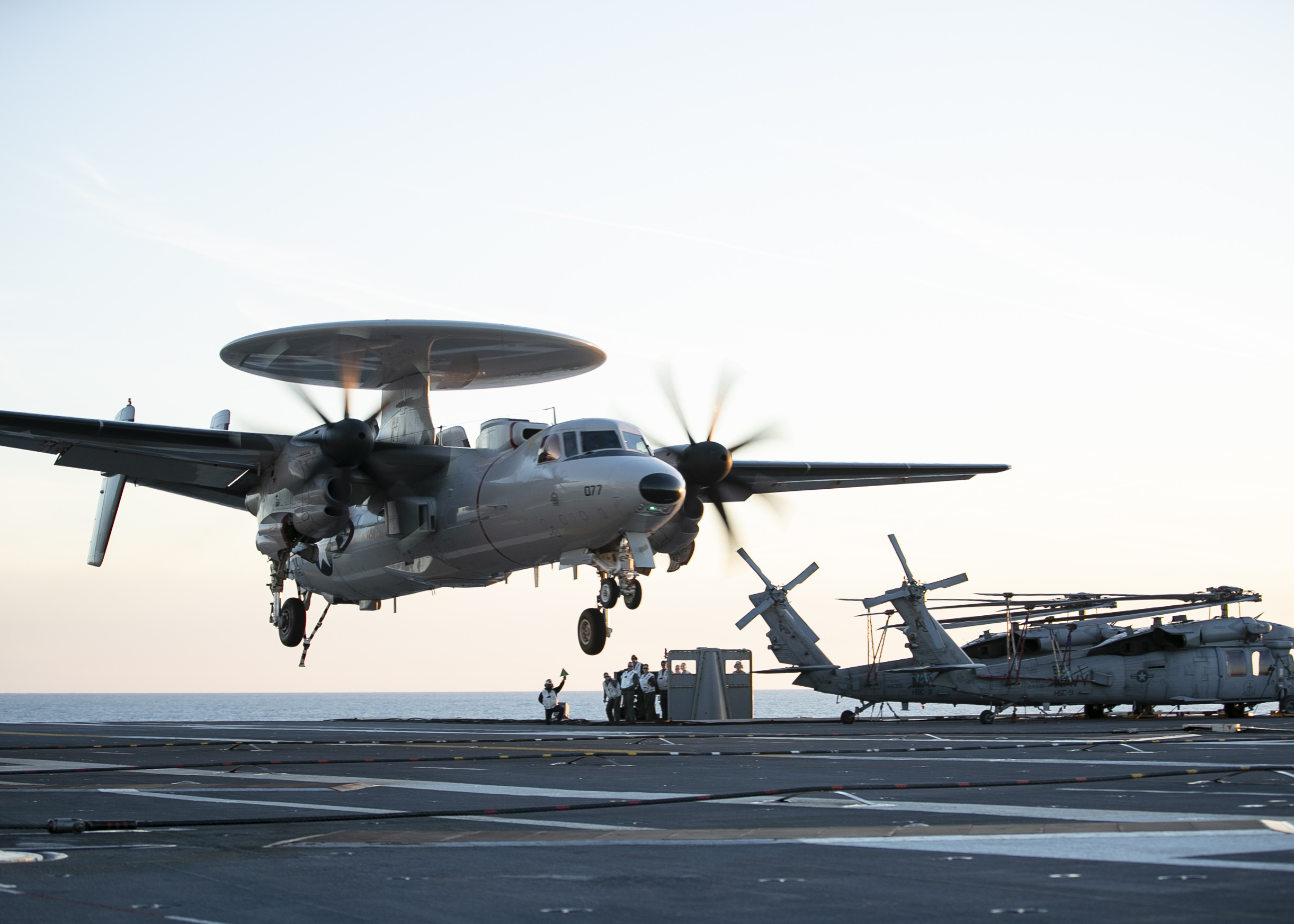 An E-2D Advanced Hawkeye assigned to Air Test and Evaluation Squadron (VX) 20 lands aboard the aircraft carrier USS Gerald R. Ford (CVN 78). The arrestment marked the first time an E-2D had landed aboard Gerald R. Ford. Gerald R. Ford is currently conducting aircraft compatibility testing to further test its electromagnetic aircraft launch systems and advanced arresting gear.