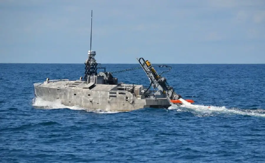The AQS-24B minehunter being deployed from the Mine Countermeasures Unmanned Surface Vessel (MCM USV).