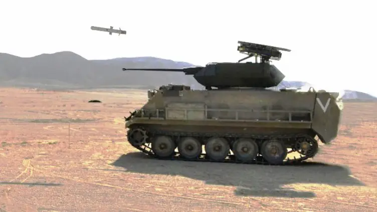 A Rafael Samson unmanned weapon station mounted on a M113 APC launches a Spike LR missile. 