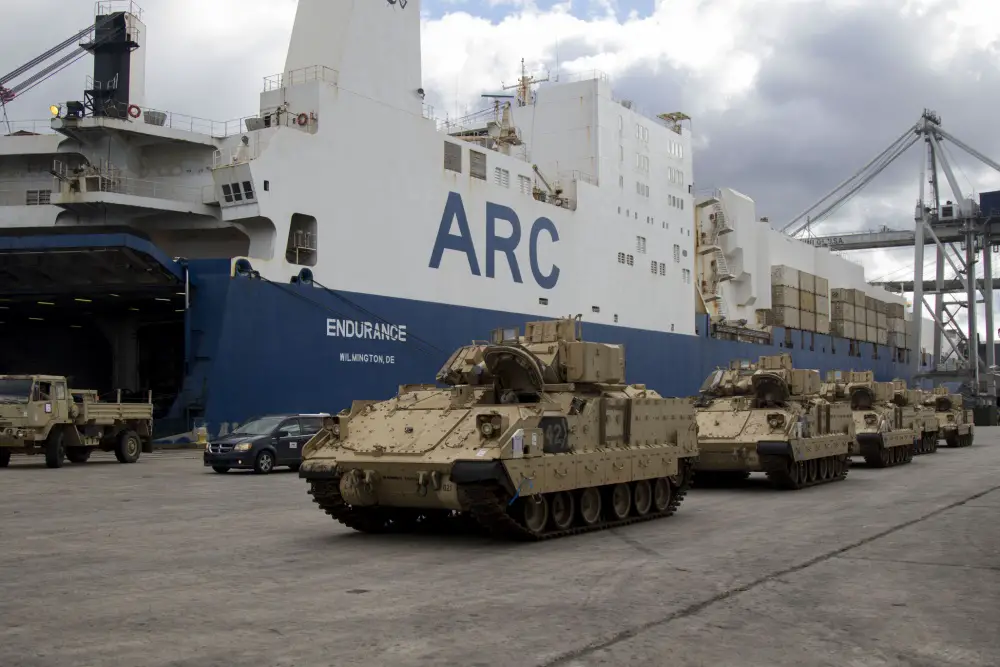 U.S. Army M2 Bradley fighting vehicles are lined up prior to loading onto American Roll-On Roll-Off Carrier Endurance heading out for DEFENDER-Europe 20 on Feb. 5, 2020, in Savannah, Ga.