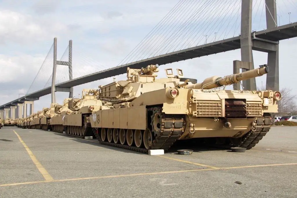 Tanks of 2nd Brigade Combat Team, 3rd Infantry Division, lined up at the port of Savannah, USA during port operations conducted in preparation of the exercise Defender Europe 20 deployment. 