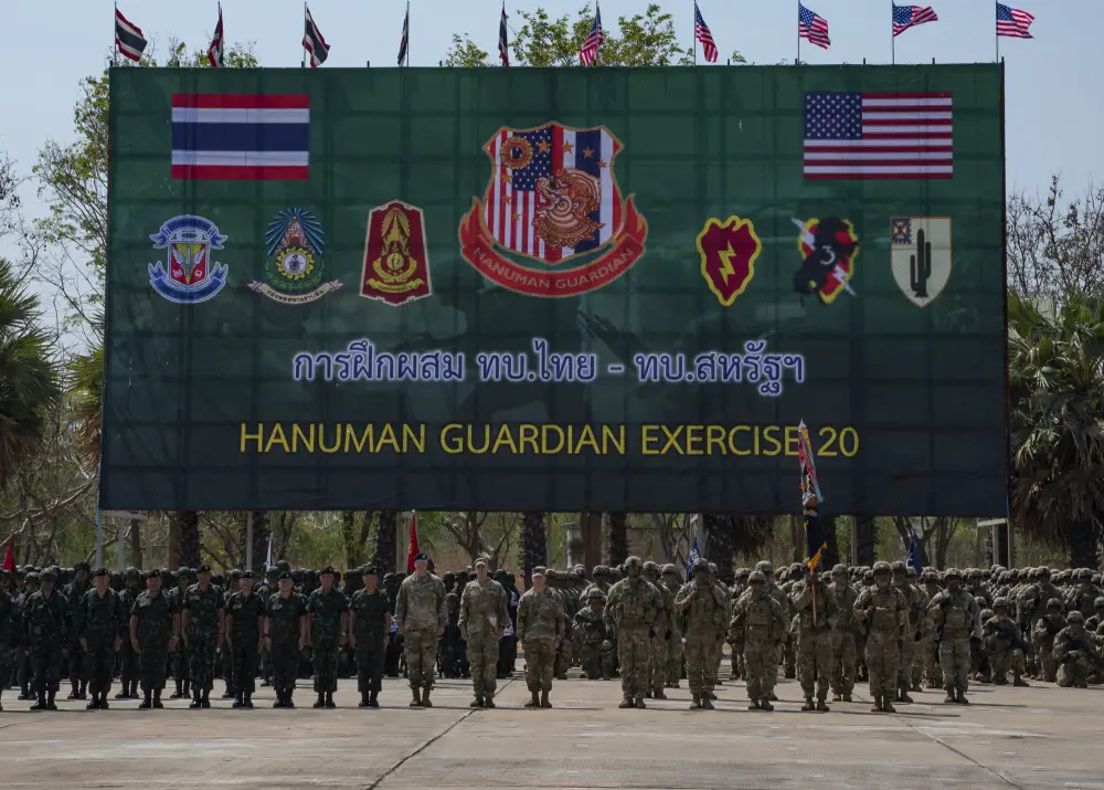 Soldiers from 2nd Battalion, 35th Infantry Regiment, 25th Inf. Division, and their counterparts from the 23rd Inf. Reg., 4th Bat., Royal Thai Army, officially started Exercise Hanuman Guardian 20 at an opening ceremony Feb. 24, 2020 at Camp Friendship in Korat, Thailand.