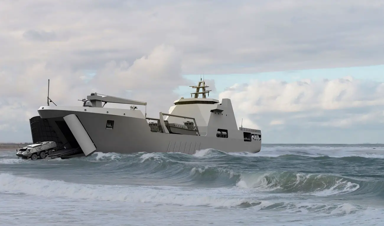 A computer-generated image of the Damen Landing Ship Transport 100
