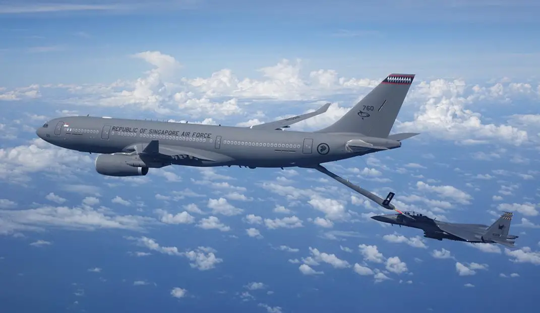 Republic of Singapore Air Force A330 MRTT in a refuelling operation with a Republic of Singapore Air Force F-15SG fighter