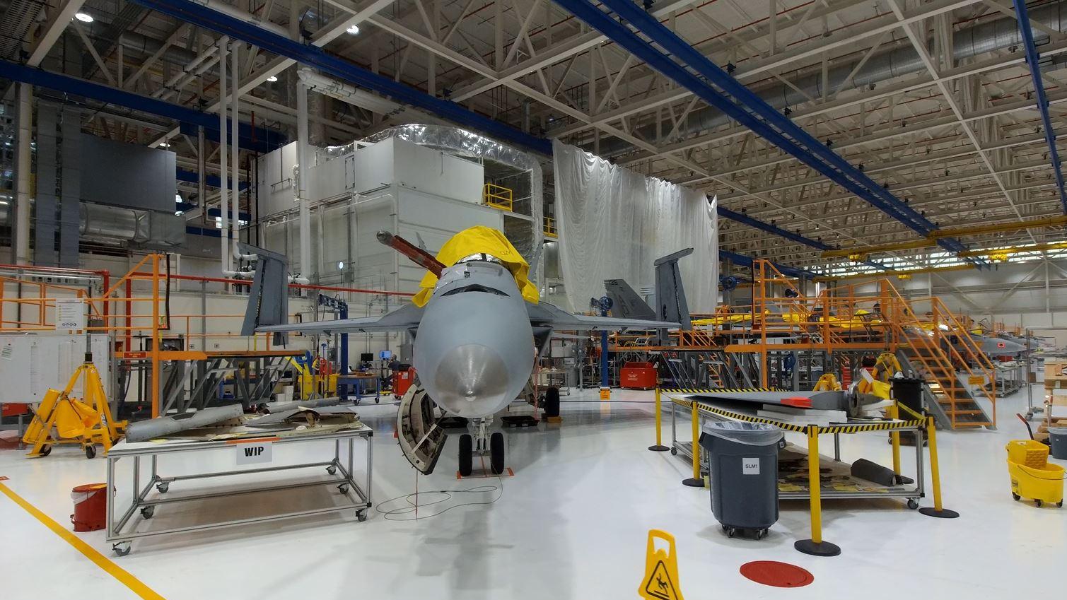 An F/A-18 Super Hornet undergoes Service Life Modification at The Boeing Companyâ€™s St. Louis facility