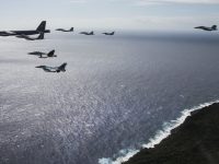 An 8-ship joint coalition formation flies over Guam during Exercise Cope North 20, near Andersen Air Force Base, Feb. 19, 2020.