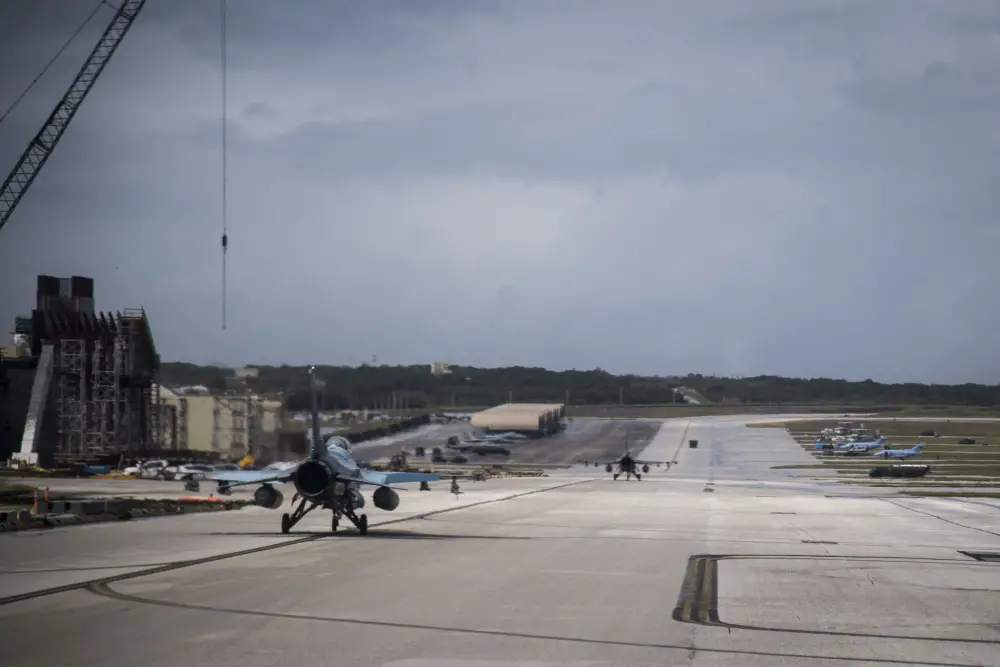 A U.S. Air Force F-16C Fighting Falcon, assigned to the 18th Aggressor Squadron, Eielson Air Force Base, Alaska, taxis down the flightline upon return from a training sortie during exercise COPE North, at Andersen Air Force Base, Guam, Feb. 19, 2020. (U.S. Air Force photo by Master Sgt. Larry E. Reid Jr.)