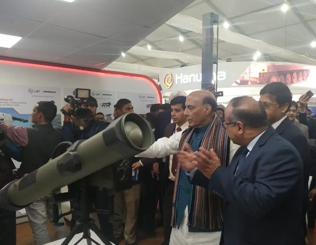Defence Minister of India Rajnath Singh during Defexpo India 2020 and showcase the latest in missile systems for India such as ATGM5 and SeaCeptor, being offered by L&T MBDA Missile Systems (LTMMSL)