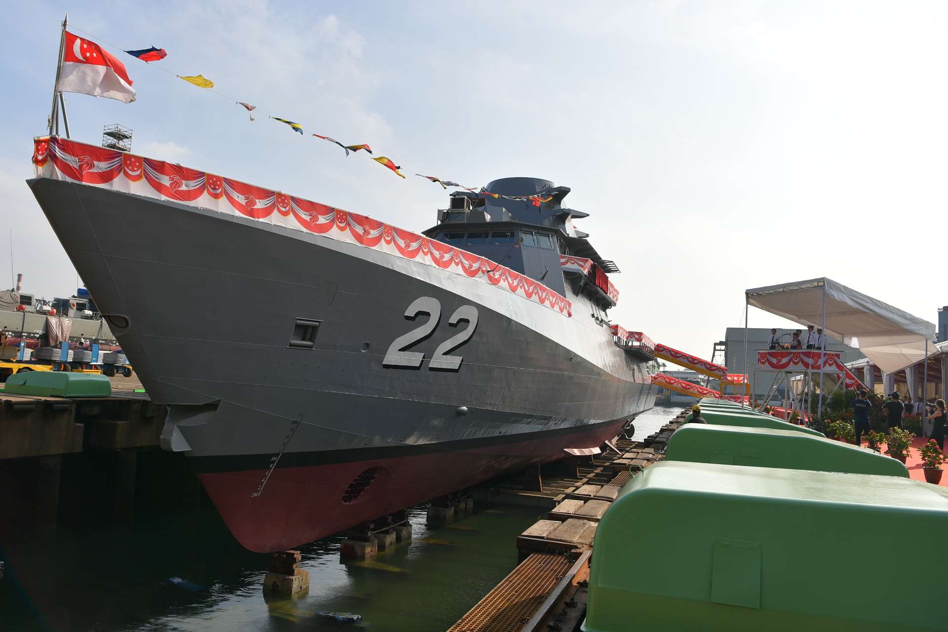 Republic of Singapore Navy Littoral Mission Vessel RSS Fearless (22) at ST Engineering's Benoi Shipyard.