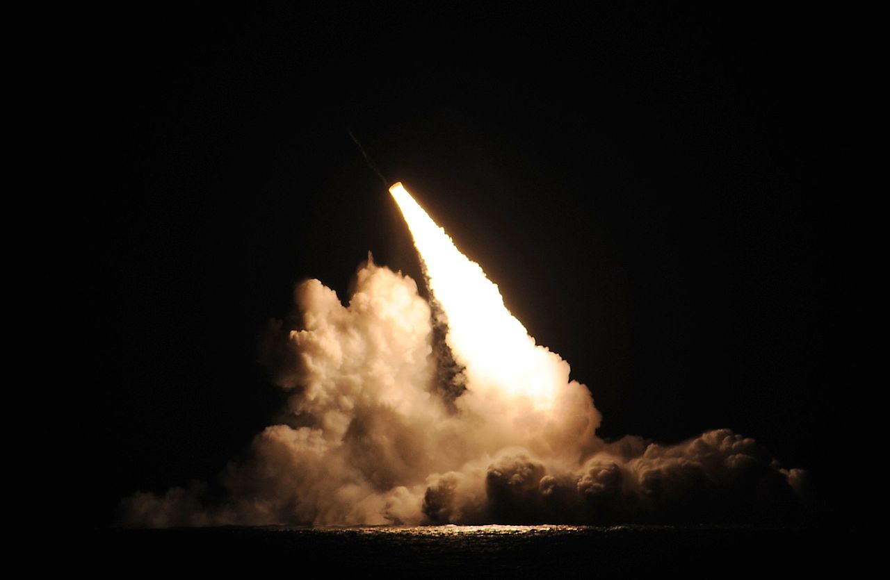 U.S. Navy Ohio-class ballistic missile submarine USS Kentucky firing a Trident II submarine-launched ballistic missile (SLBM) in 2015 as part of the Demonstration and Shakedown Operation (DASO) 26 test launch.