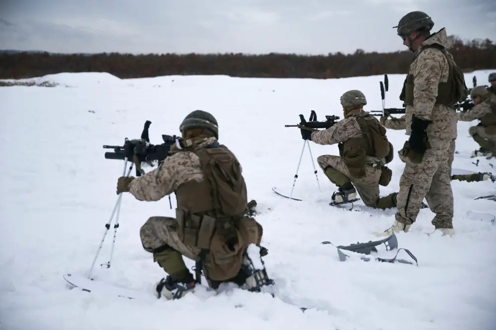 U.S. Marines from Golf Company, 2nd Battalion, 3rd Marine Regiment, 3rd Marine Division, fire in a modified kneeling position for a live fire ski range during exercise Northern Viper 2020