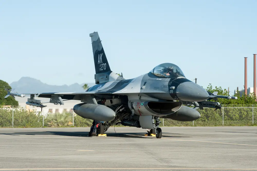 An F-16 Fighting Falcon from the 18th Aggressor Squadron prepares for flight Feb. 4, 2020, at Joint Base Pearl Harbor-Hickam, Hawaii. 